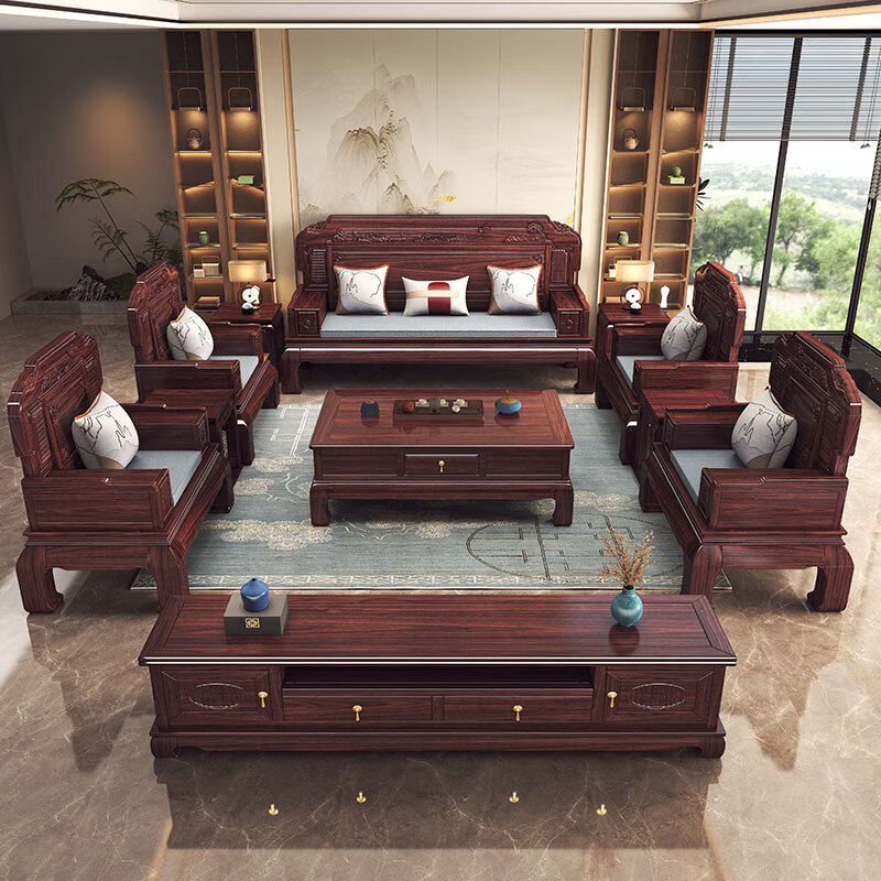 Jinge Home Solid Wood Sofa Purple Gold Sandalwood Sofa Living Room Solid Wood Sofa Chinese Antique Carved Sofa Winter and Summer Sofa 1+1+3+Coffee Table+Square Table+TV Cabinet