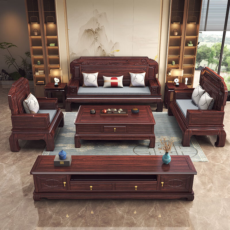 Jinge Home Solid Wood Sofa Purple Gold Sandalwood Sofa Living Room Solid Wood Sofa Chinese Antique Carved Sofa Winter and Summer Sofa 1+1+3+Coffee Table+Square Table+TV Cabinet