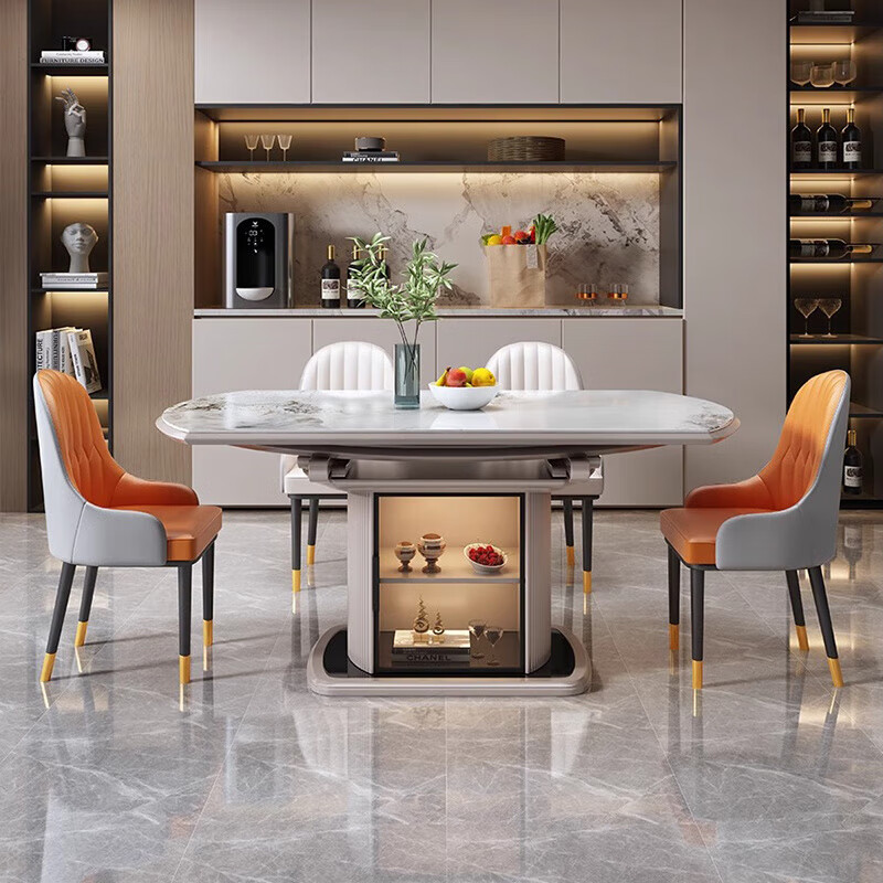 Slate dining table with square and round functions, retractable, variable circular storage, modern, simple, light luxury, small household dining table, 1 table + 8 space chairs, luxury induction cooker model, 1.35m, thickened slate 12mm