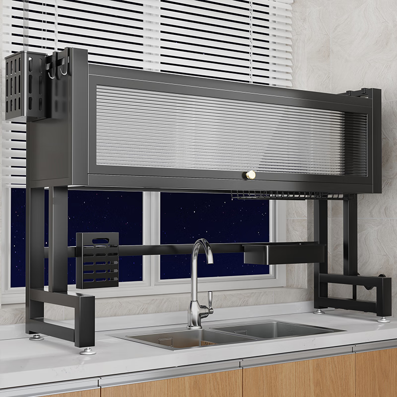 Zhizhi Yifan kitchen sink drain rack table-mounted wash basin dish storage rack above the sink dish draining artifact black 75cm bold and thickened complete set with cabinet door