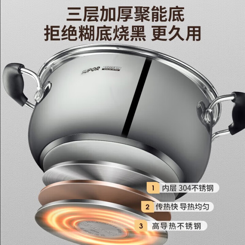 SUPOR soup pot 304 stainless steel thickened household milk pot, porridge pot, noodle pot, cooking pot, gas induction cooker stew pot, thickened version, steam grid + water monster spoon 24cm