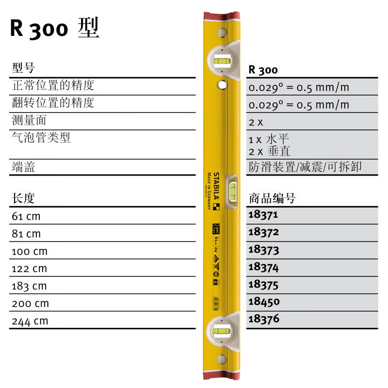 STABILA German original imported R300 series three-bubble thickened aluminum level high precision and high quality (61cm) 18371