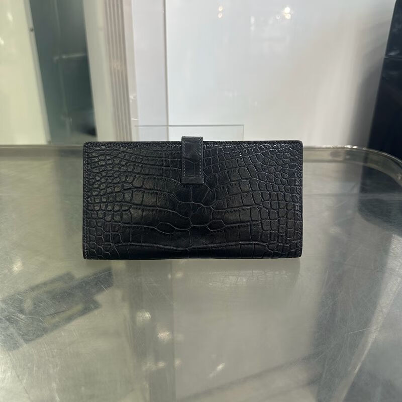 Second-hand 95 new Hermes (HERMES) bearn crocodile leather long wallet wallet black silver buckle matte crocodile frame Q engraved