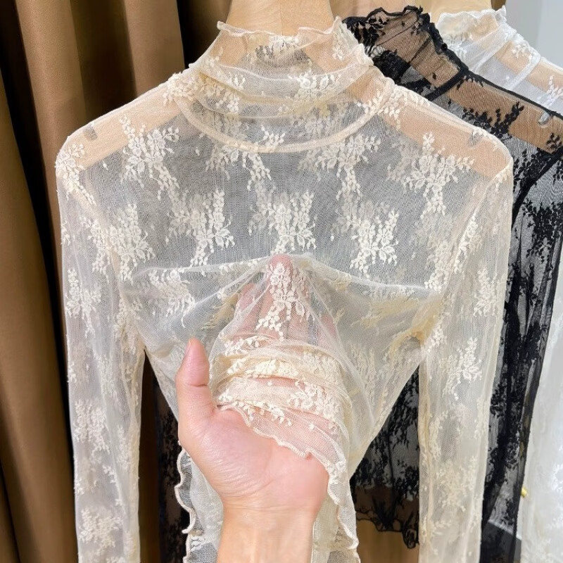 Fubec Thin High Collar Lace Inside Small Shirt for Women Spring and Autumn 2025 New Fungus Edge Mesh Base White One Size