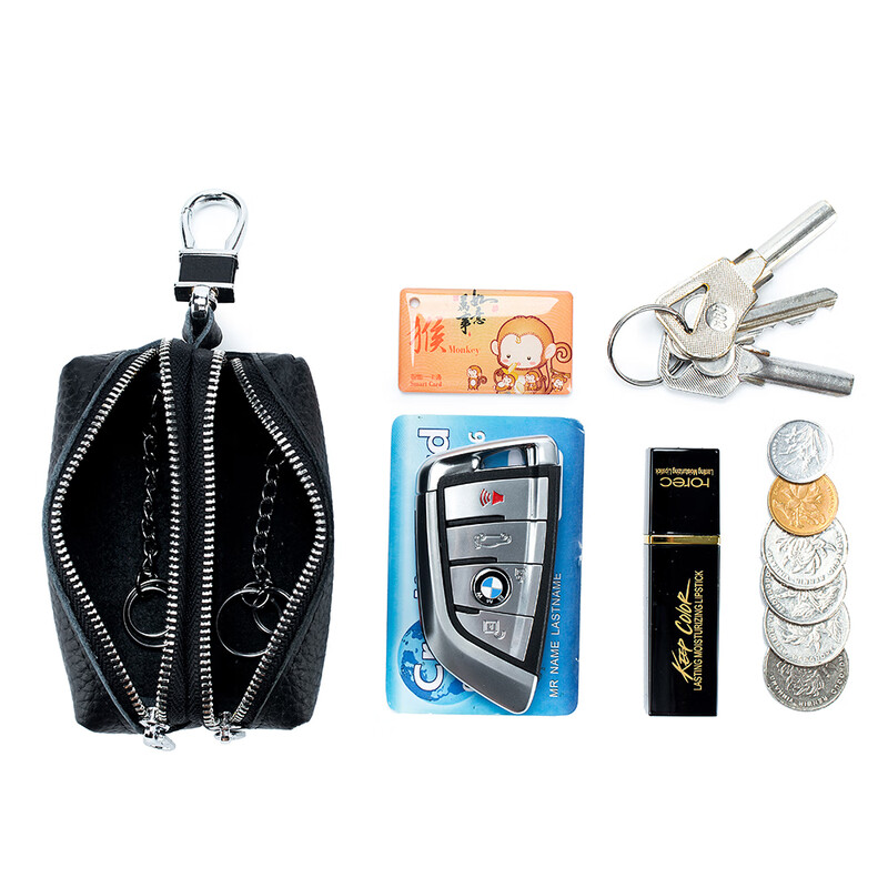 CLCEY large-capacity key bag for men and women genuine leather double-layer zipper home car key bag storage coin purse multi-functional black double pull