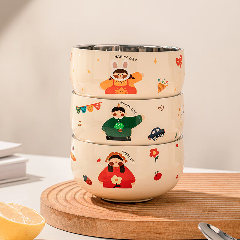 TREEJACK 316L stainless steel children's cartoon rice bowl kindergarten home baby yogurt fruit bowl food supplement bowl noodle soup bowl