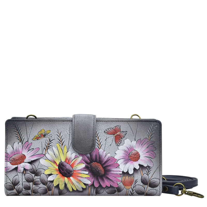 Anna by Anuschka Women's Hand Painted Genuine Leather Bi-Fold Wallet with Shoulder Strap, Wild Meadow Wild Meadow One Size