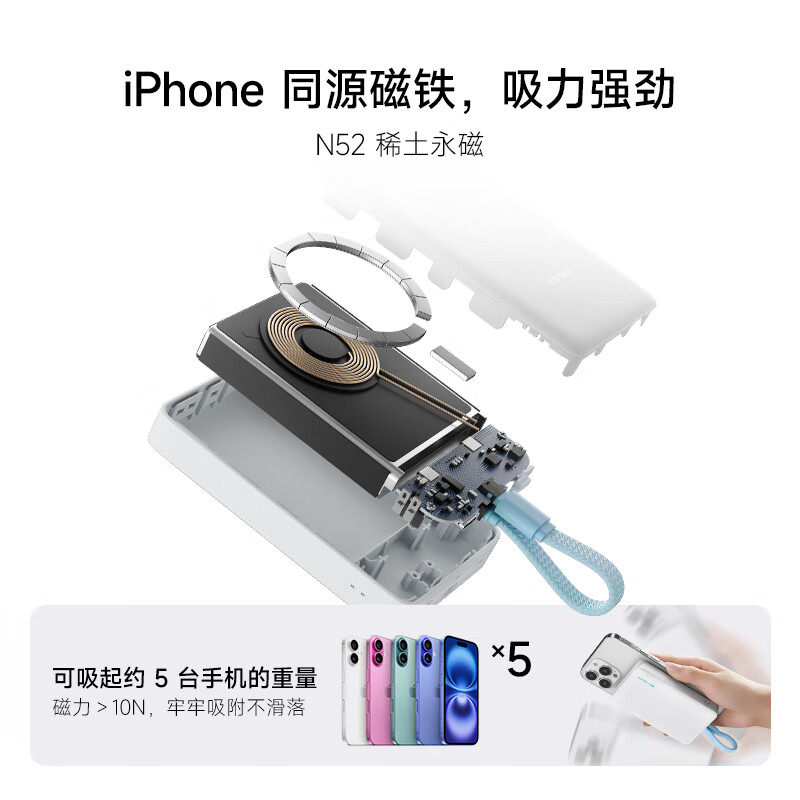 CUKTECH 3C certified, can be used on airplanes, magnetic power bank comes with cable, compatible with MagSafe wireless 10000 mAh 22.5W fast charging, suitable for Apple Xiaomi CP12