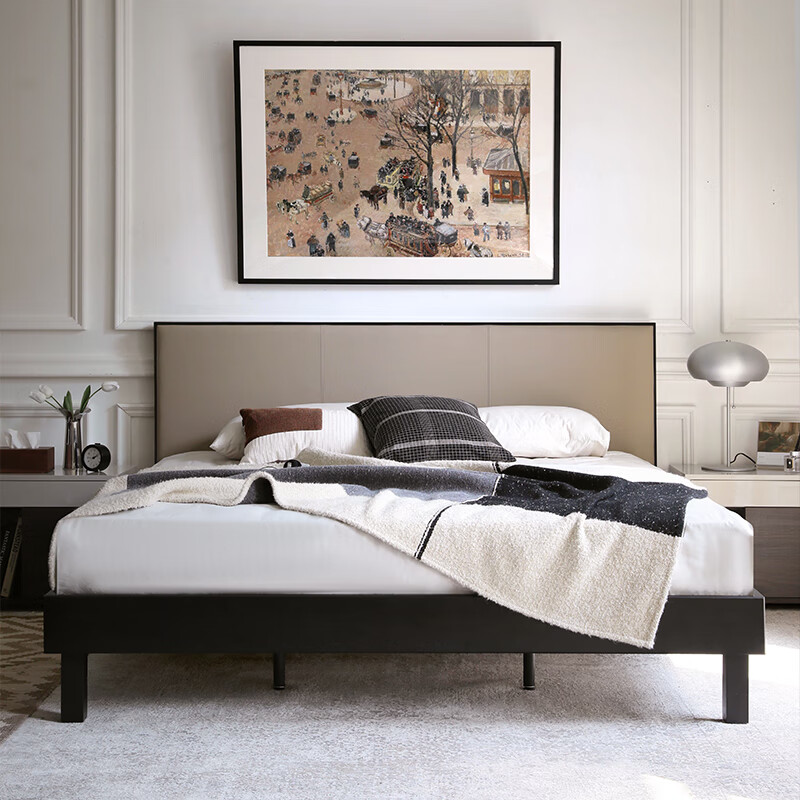 NORHOR Nordic Expression/Medieval Retro Style Rotterdam/LOTA Leather High Back Solid Wood Double Bed Master Bedroom GZ Spot Walnut Color Z 1500mm*2000mm