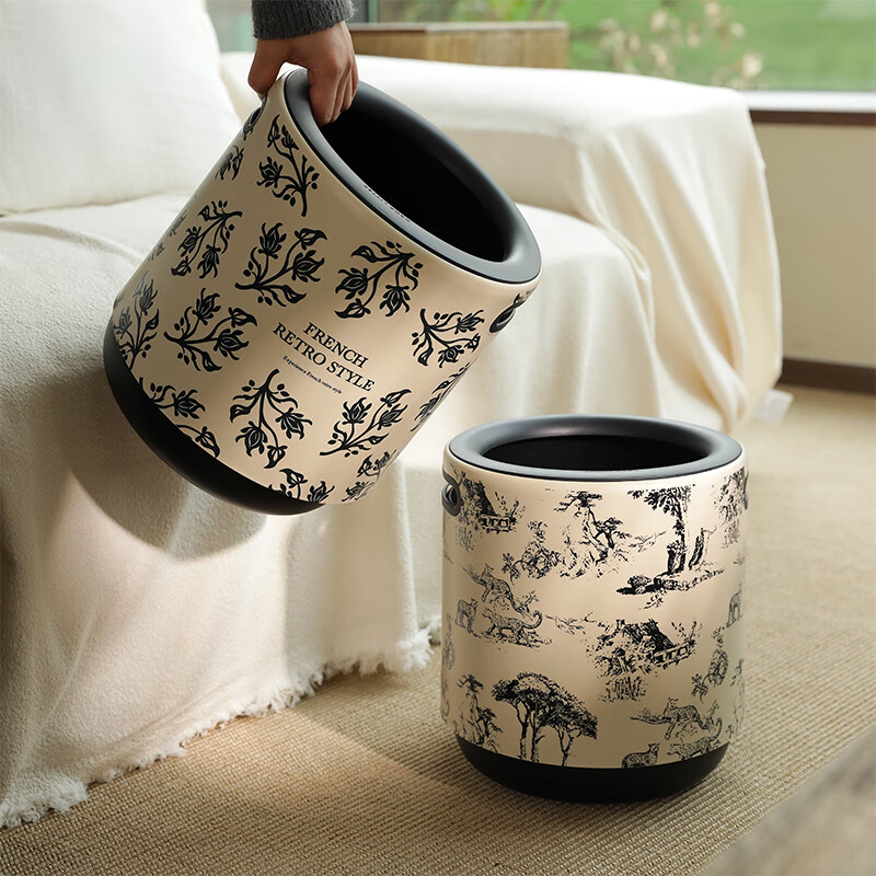 Sanmu Qinghe French trash can for home living room new light luxury high-end French large capacity bedroom high-value double-layer bathroom Paris Flower Shadow (beige) 12L large capacity