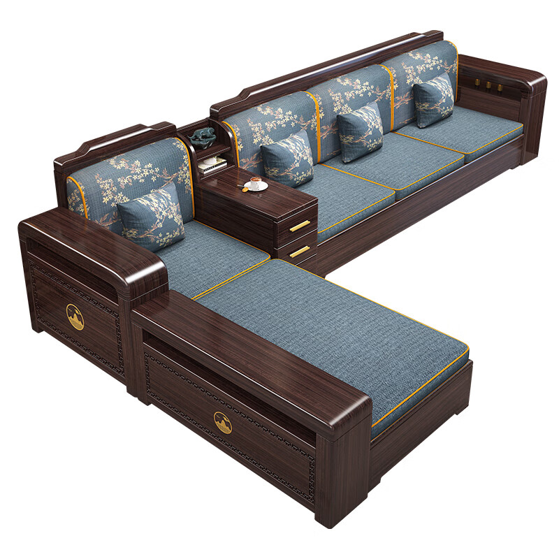 Huiwangfu black gold solid wood sofa new Chinese style modern simple living room sofa combination winter and summer dual-use storage wooden sofa 5 people + imperial concubine couch + middle box