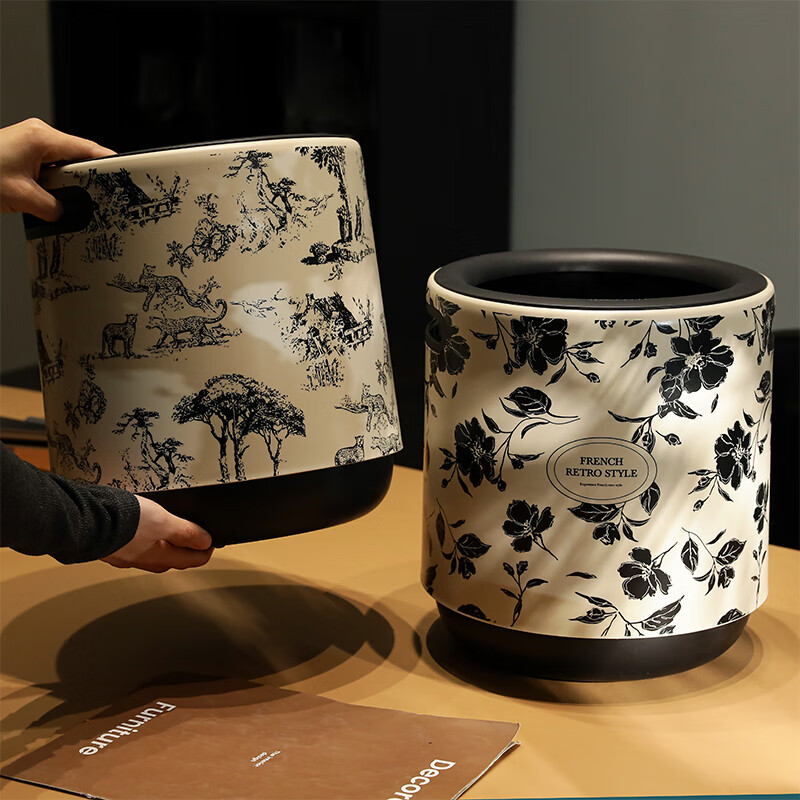 Sanmu Qinghe French trash can for home living room new light luxury high-end French large capacity bedroom high-value double-layer bathroom Paris Flower Shadow (beige) 12L large capacity