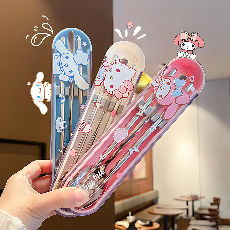 Miss Yoka Sanrio spoon and chopstick set household cute children's stainless steel portable tableware office worker student storage box big-eared dog stainless steel portable chopsticks and spoons