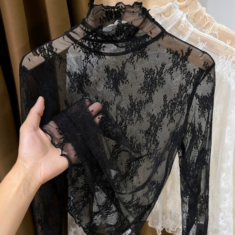 Fubec Thin High Collar Lace Inside Small Shirt for Women Spring and Autumn 2025 New Fungus Edge Mesh Base White One Size