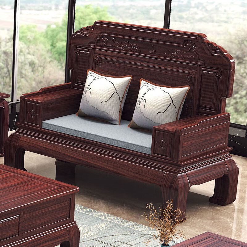 Jinge Home Solid Wood Sofa Purple Gold Sandalwood Sofa Living Room Solid Wood Sofa Chinese Antique Carved Sofa Winter and Summer Sofa 1+1+3+Coffee Table+Square Table+TV Cabinet