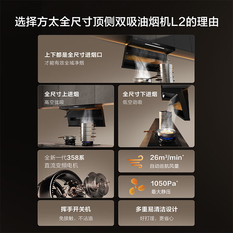 FOTILE recommends the upgraded L2P L2 top-side double range hood with 26 air volumes and full smoke intake from both top and bottom. It is recommended to use the TF37B timed natural gas stove with 70% thermal efficiency.