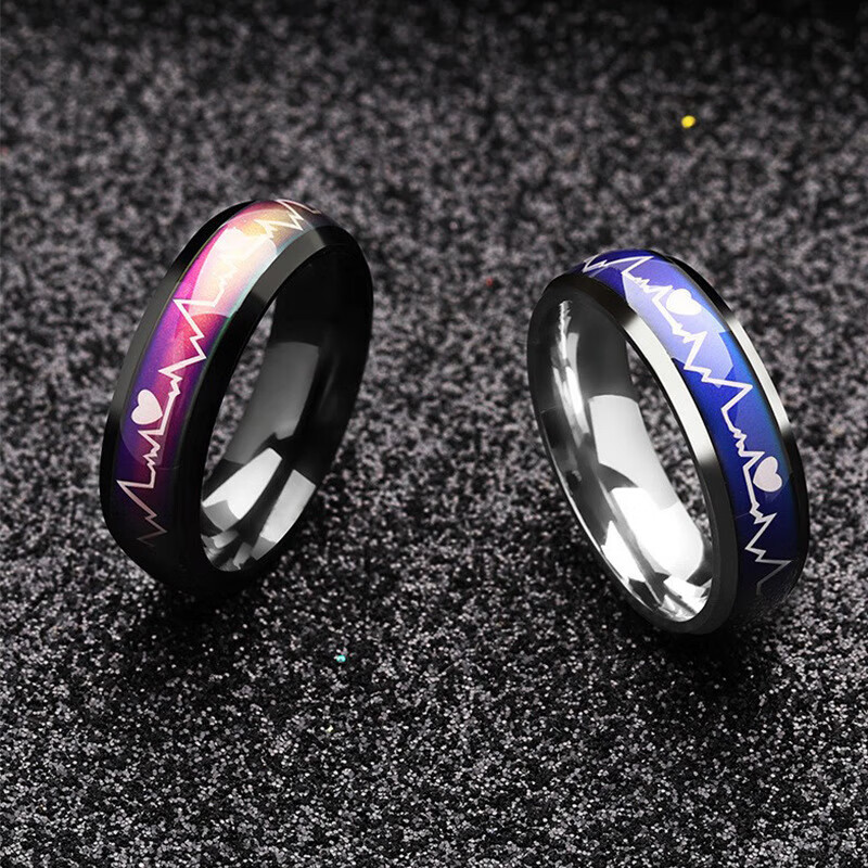 Titanium steel temperature-sensitive electrocardiogram ring ring female heartbeat couple stainless steel ring temperature-sensitive ring red and black No. 11