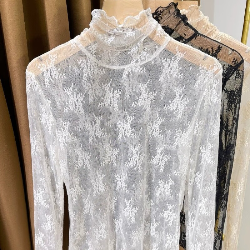 Fubec Thin High Collar Lace Inside Small Shirt for Women Spring and Autumn 2025 New Fungus Edge Mesh Base White One Size