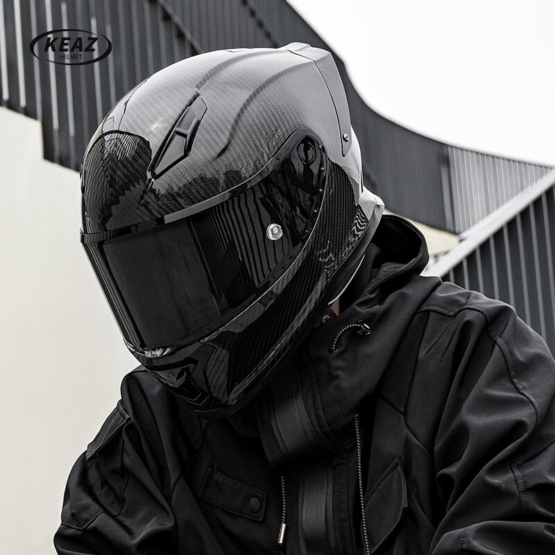 KEAZ motorcycle helmet carbon fiber full-face helmet spring, autumn and winter men's and women's lightning helmet safety 3C certified motorcycle imitation race carbon fiber 3K obsidian black XL (59-60cm)