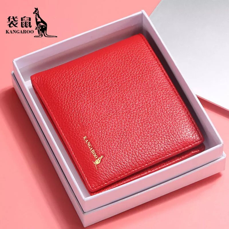 Kangaroo (KANGAROO) Brand Women's Wallet Genuine Leather Short Wallet 2024 Chinese Valentine's Day Small Cute Simple Student Folding Wallet Pink-Horizontal Style