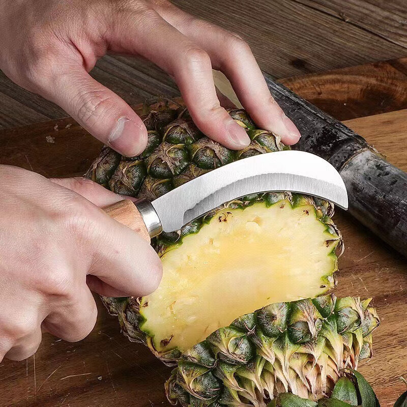 Cong First Floor Pineapple Knife Peeler Stainless Steel Pineapple Peeling Artifact Pineapple Special Knife Eye Clamp Peeling Pineapple Knife Fruit Scimitar Stainless Steel Pineapple Tools Wooden Handle 4-piece Set