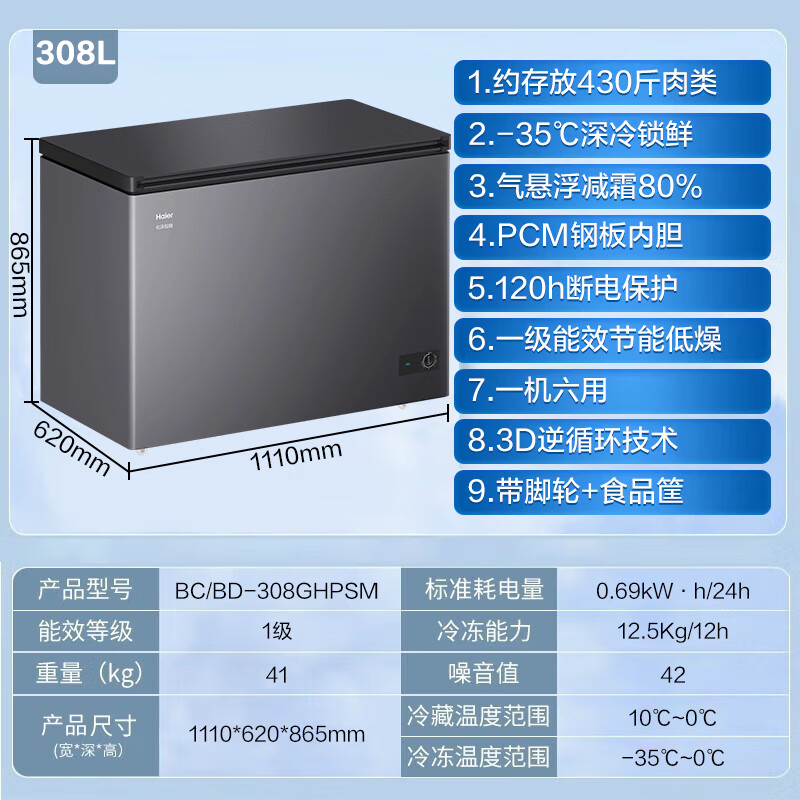 Haier's freezer is a large-capacity household and commercial freezer that does not require frequent defrosting. It is a first-class energy-efficient freezer. 308 liters. Upgraded top model -35 cryogenic + PCM steel liner.