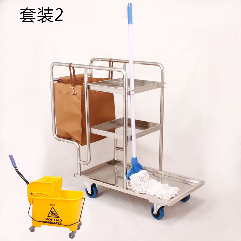 Linen truck, cleaning truck, multi-functional cleaning truck, hotel stainless steel hotel property tools, hand-pushed garbage pole truck, red wheel carpet wheel cleaning truck (with brakes)