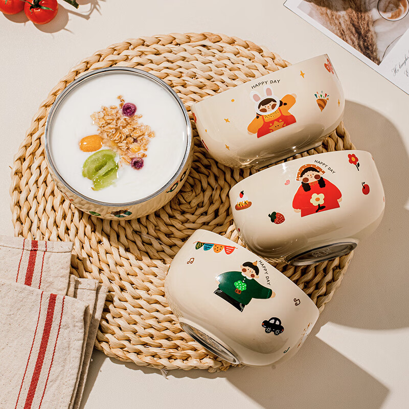 TREEJACK 316L stainless steel children's cartoon rice bowl kindergarten home baby yogurt fruit bowl food supplement bowl noodle soup bowl