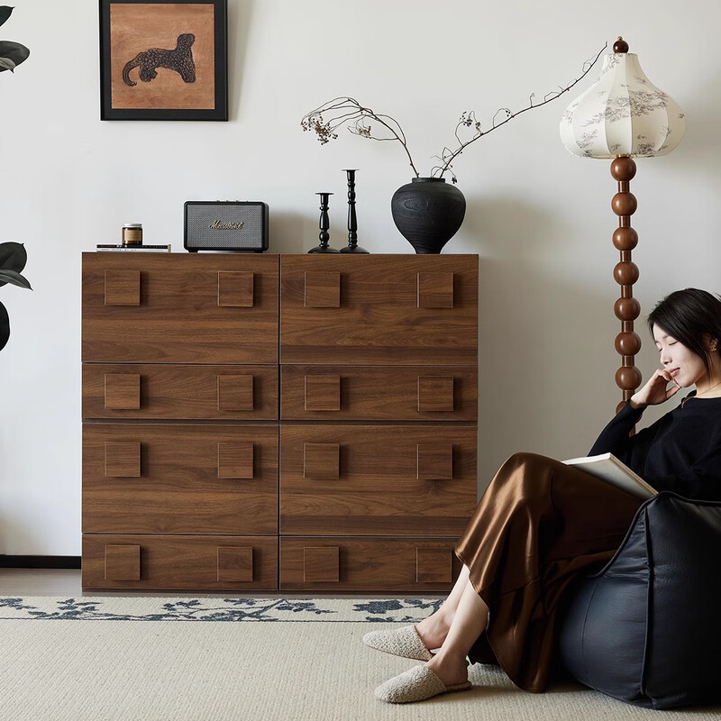 Xiaosi solid wood TV cabinet floor-to-ceiling living room home retro walnut color second-hand car door cabinet combination module side cabinet bookcase four cabinets black walnut color