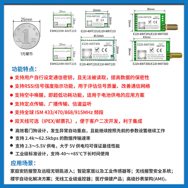 Ebyte lora module SX1262/1278 chip 433M wireless serial port data transmission communication long distance communication low power consumption LLCC68 E220-900T22S