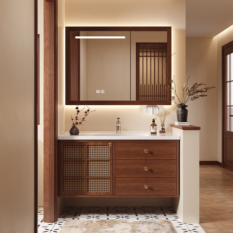 Sibai 2025 new style antique rattan bathroom cabinet combination ceramic integrated basin bathroom washbasin washbasin oak solid color smart mirror cabinet 1.0 meters