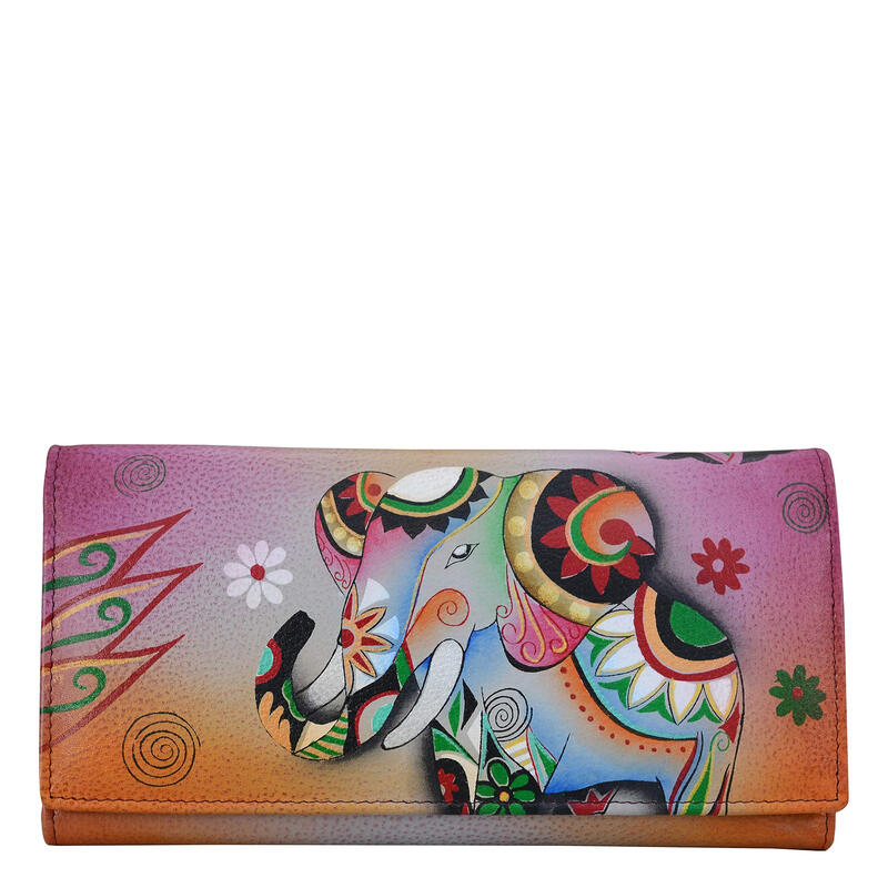 Anna by Anuschka elephant pattern women's multi-card slot full leather wallet, retro hand-painted style, retro elephant, one size fits all