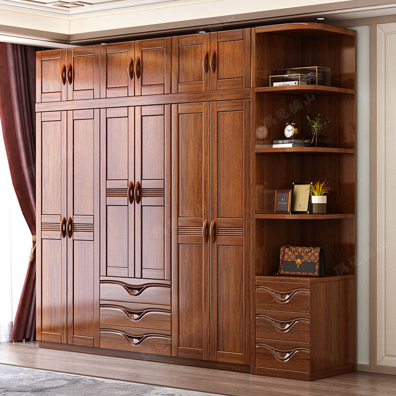 Mu Tisen new Chinese style walnut solid wood wardrobe three doors four doors five doors six doors double door large wardrobe storage bedroom furniture six door wardrobe
