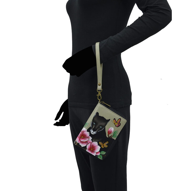 Anna by Anuschka Women's Hand-Painted Genuine Leather Passport Wallet Garden Leopard Print 8 Card Slots Full Zipper Design Garden Leopard One Size