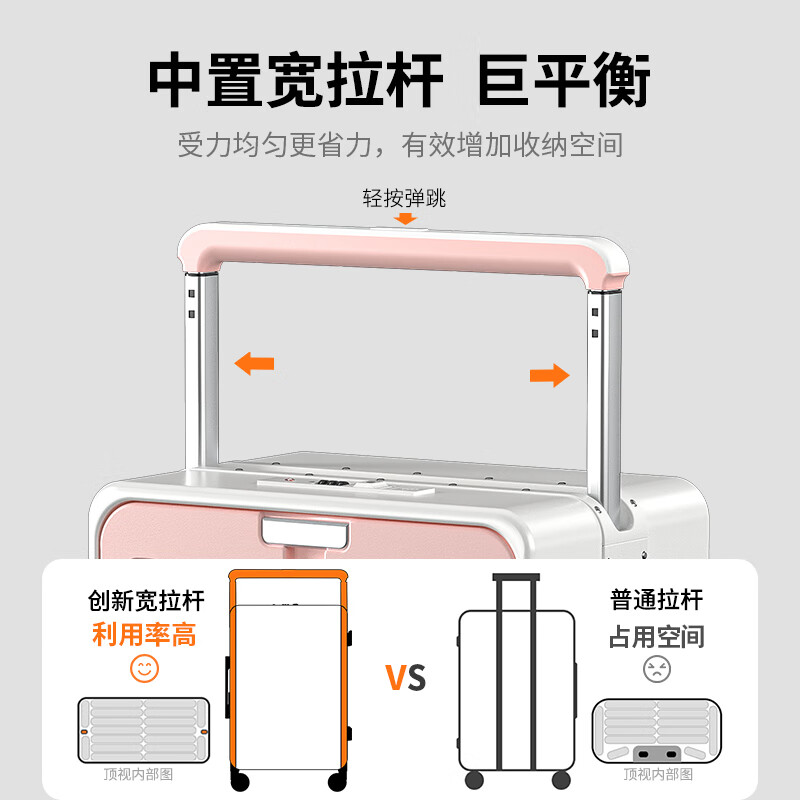 Miyo suitcase women's front side open lid 2026 new suitcase wide pull rod small boardable business password suitcase for men Qin pink white pure PC strong aluminum frame - high appearance and high quality 20 inches boardable AB side double opening lid + center wide pull rod