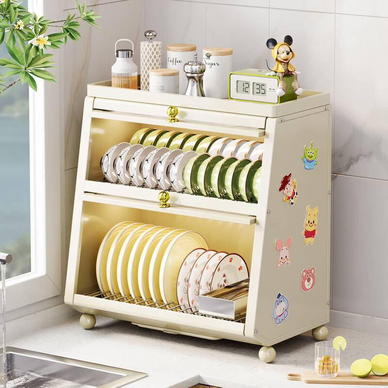 Jibaiju kitchen rack cupboard dish storage rack countertop household dish storage tableware bowl chopstick box drain rack 52cm three-layer dish cabinet + chopsticks and spoon basket + milk white