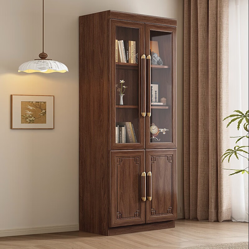 Caibaimu Solid Wood Bookcase New Chinese Bookcase Black Walnut Color Modern Combination Floor Bookcase Two or Three Doors Study Room Bookshelf 1.11 Meter Three Door Bookcase Assembly