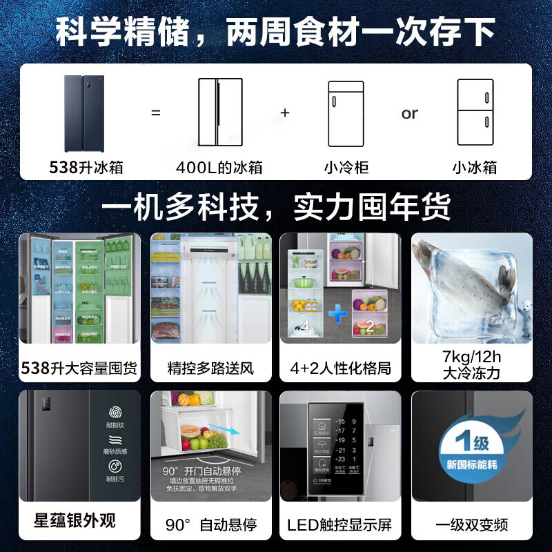 Haier one-level double frequency conversion + double cycle 538 liters L side-by-side door double door air-cooled frost-free ultra-thin large capacity household refrigerator 538 liters side-by-side door + one-level double frequency conversion + DEO active odor purification