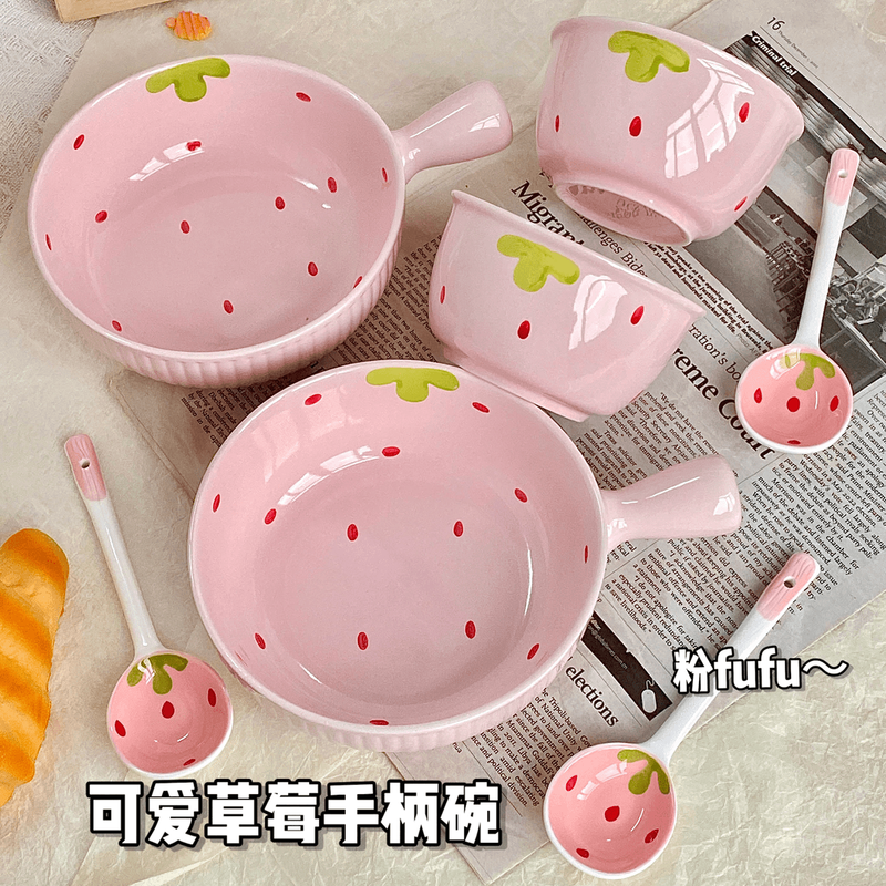 Strawberry ceramic bowl and spoon for home high-looking rice bowl girly heart dessert bowl underglaze color tableware set 4-piece set light pink strawberry 2 bowls 2 spoons
