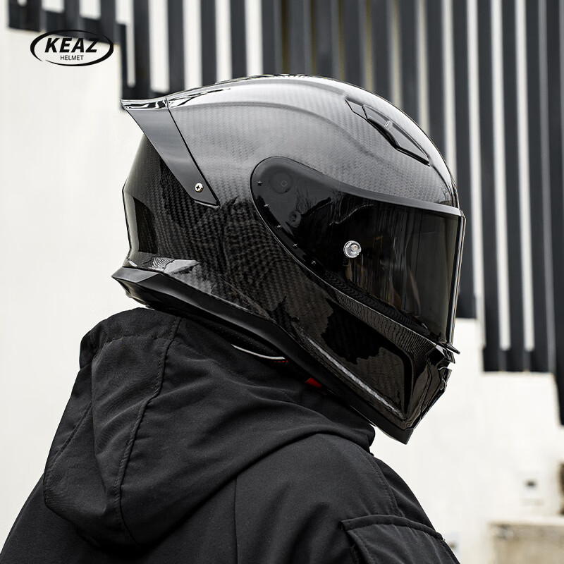 KEAZ motorcycle helmet carbon fiber full-face helmet spring, autumn and winter men's and women's lightning helmet safety 3C certified motorcycle imitation race carbon fiber 3K obsidian black XL (59-60cm)