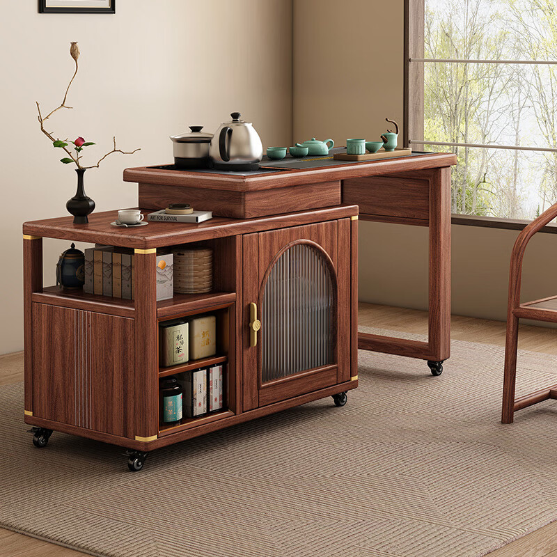 Small wooden nest tea table black walnut tea table rotating tea table solid wood foldable trolley removable tea cabinet rotating tea table with kettle assembly