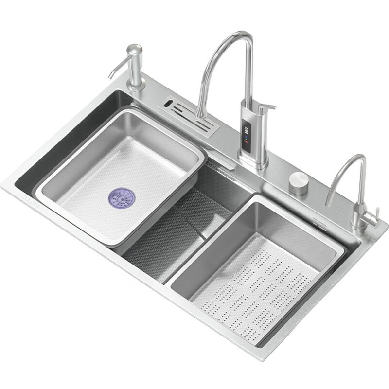 TOTO5MM embossed SUS304 stainless steel primary color large single-slot household kitchen sink multi-functional under-counter dishwashing basin 80*46 top with (digital display chlorine removal full copper faucet)