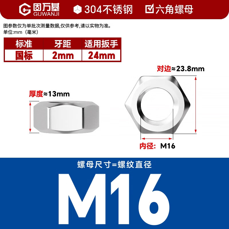 GUWANJI hexagonal nut stainless steel nut hexagonal nut screw nut 304 hexagonal nut M16 20 pieces/pack