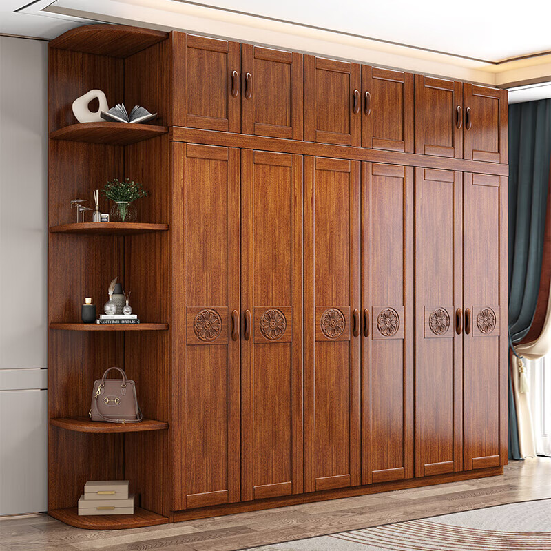 Nanyi wardrobe golden rosewood solid wood wardrobe Chinese style household cabinet multi-layer storage large capacity storage cabinet 8631 six doors + top cabinet + drawer side cabinet golden rosewood