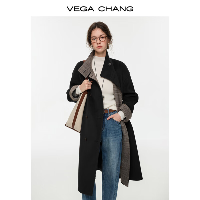 VEGA CHANG Black Brown Style Long Woolen Jacket Women's 2025 New Winter Contrast Color Retro Jacket Dark Night Black M