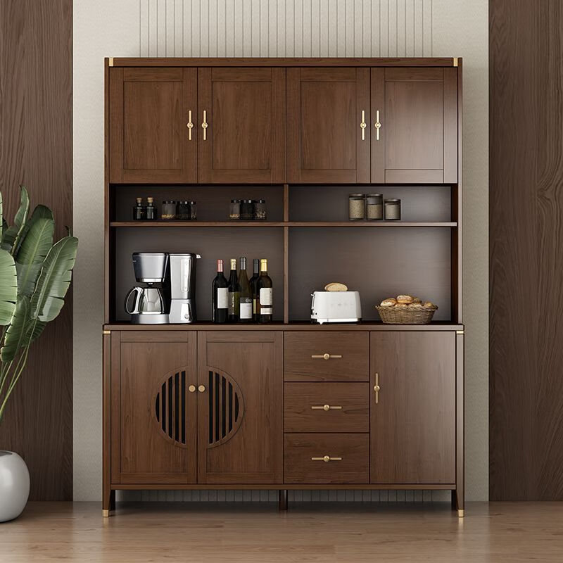 Juwanjia wood solid wood sideboard integrated wall cabinet new Chinese style wine cabinet living room storage cabinet tea cabinet kitchen storage cupboard walnut color multi-function cabinet 105*40*200cm