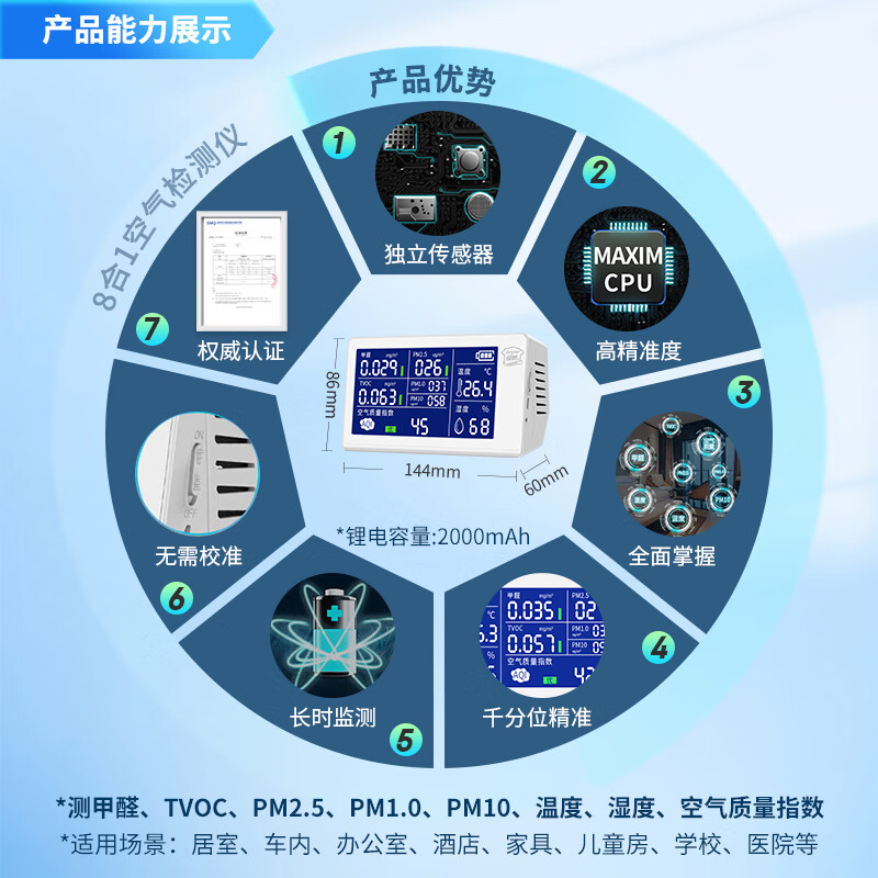 Greenchi 8-in-1 formaldehyde detection instrument professional pm2.5 air quality detection tvoc benzyl alcohol test box temperature and humidity