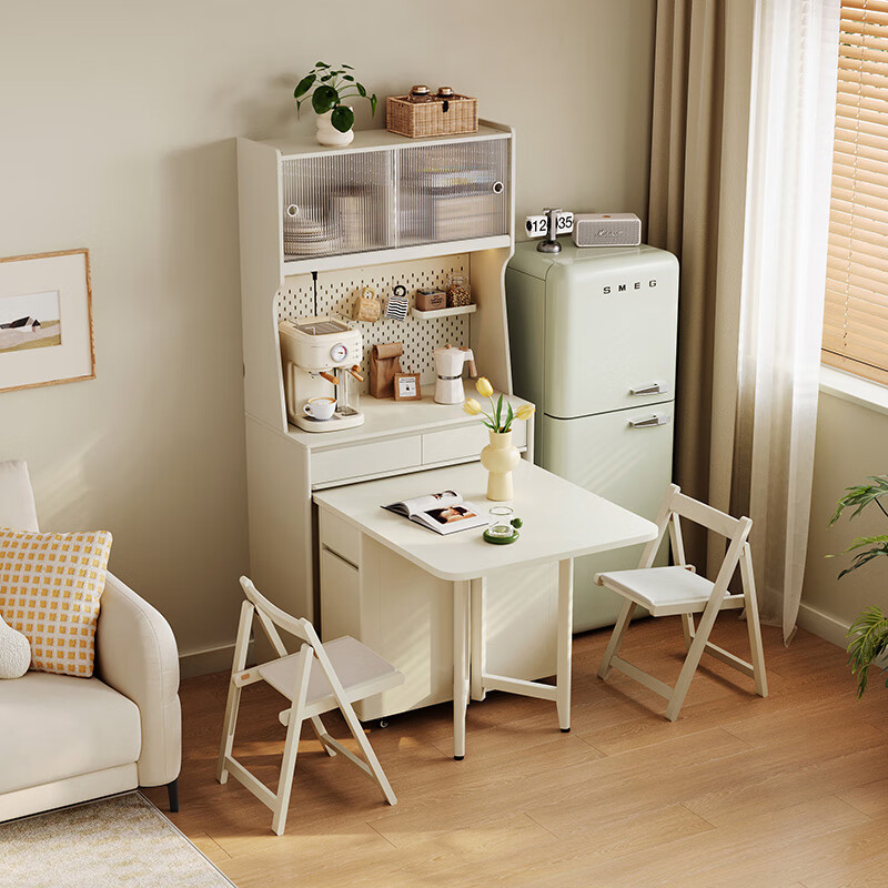 Lin's home multi-functional sideboard with dining table, integrated wall storage cabinet, small apartment storage high cabinet furniture NU11T Cream | 1.2m slate style 1 cabinet, 1 table and 4 chairs