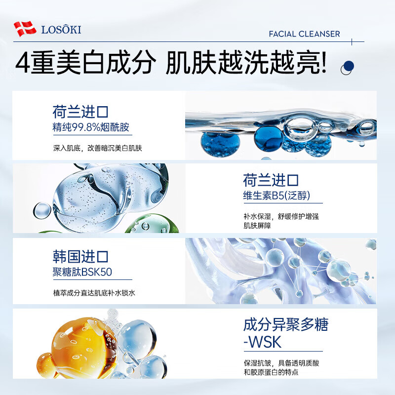 Losoki Swiss imported amino acid facial cleanser, whitening, oil control, acne removal, mite removal, blackhead removal, special facial cleanser for men and women