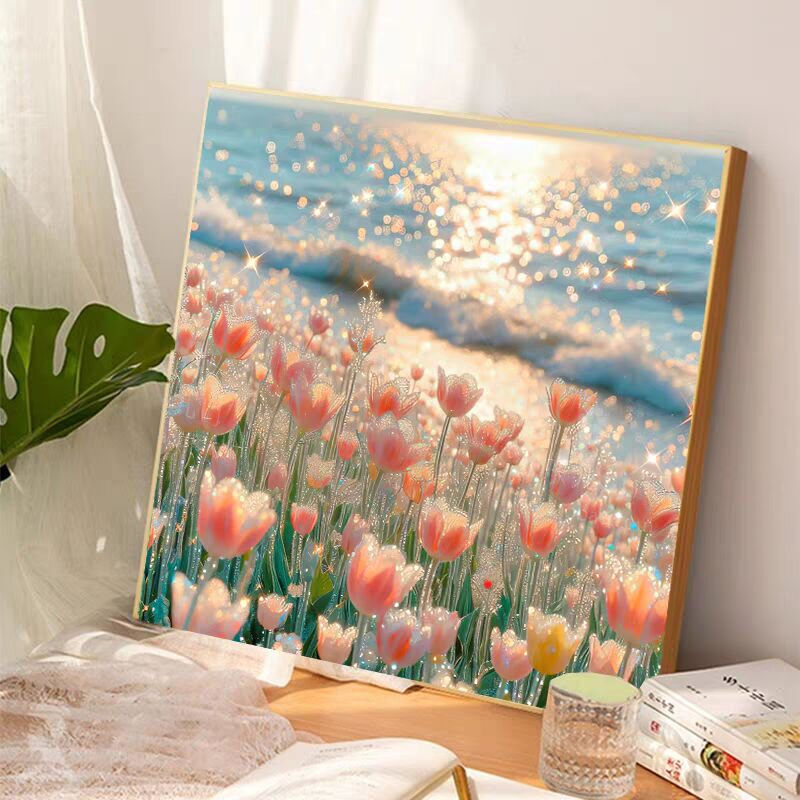 Kecss tulip cross stitch 2025 new line embroidery living room self-embroidery hand embroidery bedroom full embroidery vertical version entrance hall cotton thread 50*50CM medium grid 3-strand thread embroidery
